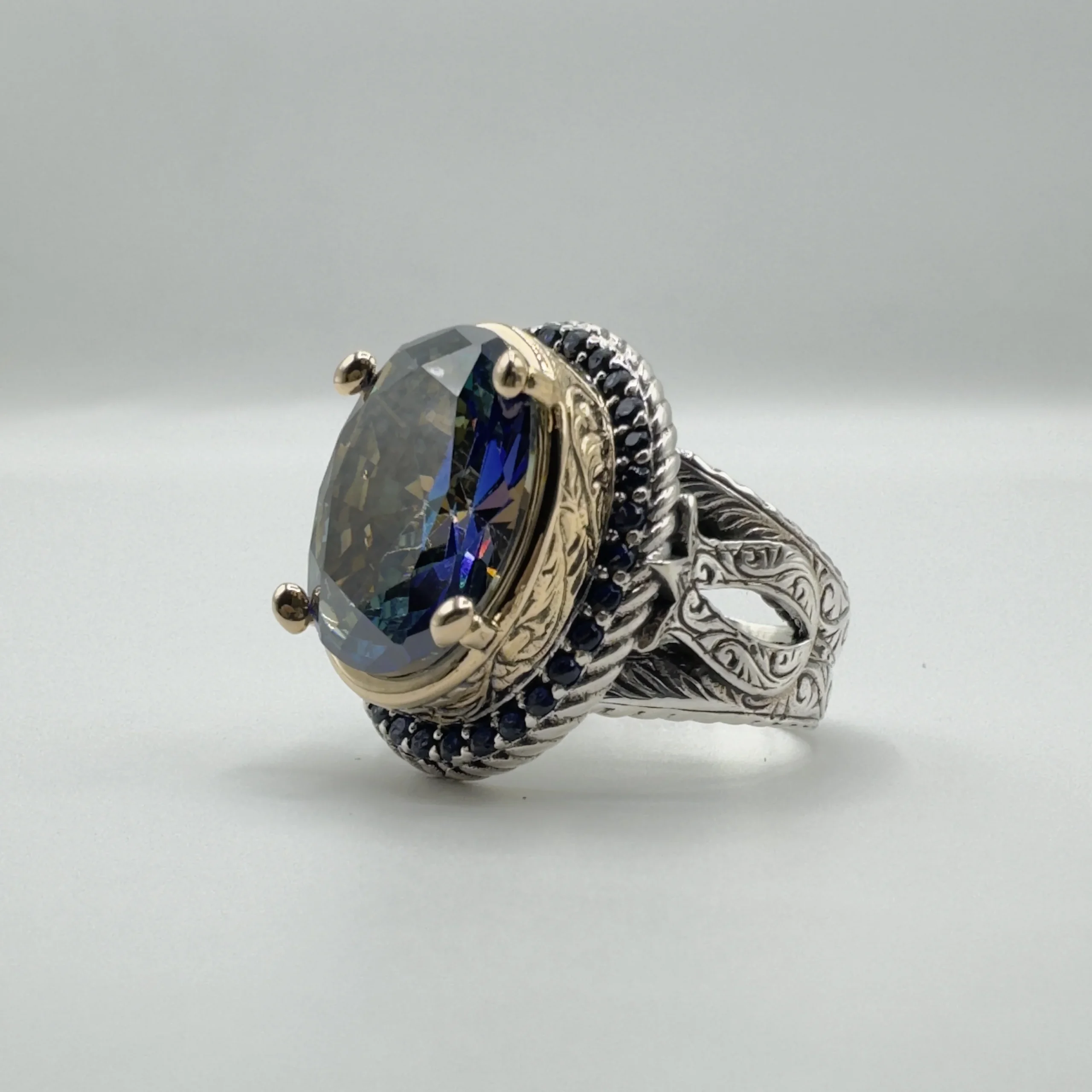 Silver Mystic Topaz Ring . Solid 925 Sterling Silver Ring – Mystic Topaz with Intricate Side Patterns Mystic Topaz Ring - Image 1
